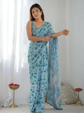 PR Fashion Light Blue Georgette Digital Print With Mirror Work Saree | Grocsy