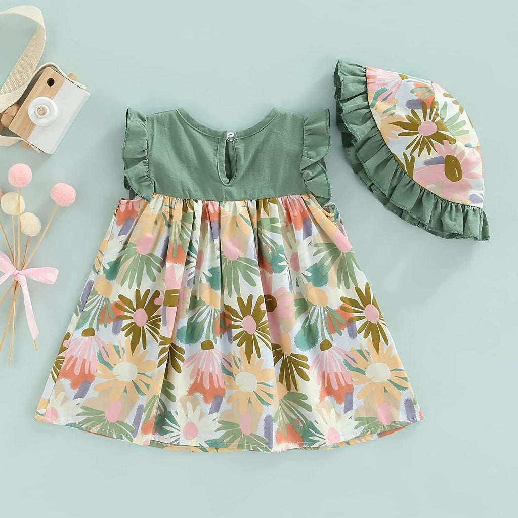 Bold N Elegant Cotton Floral Printed Ruffle Sleeve Princess Dress Frock With Fabric Hat Cap - Green | Grocsy