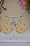 Gold-Polished Brass & Pearl Dangle Women Cream Hand Painted Meenakari Chandbali Earrings By House of Ree - House of Ree