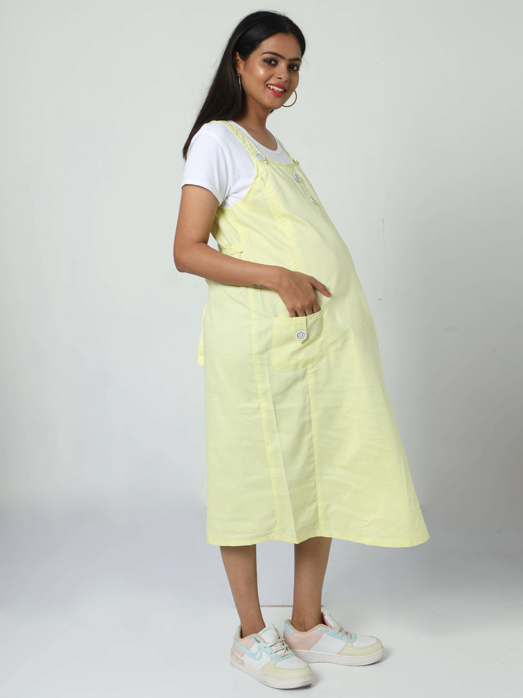 Manet Half Sleeves Solid Maternity Dress With Concealed Zipper Nursing Access - Yellow | Grocsy