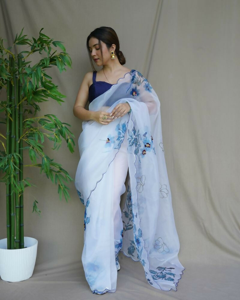 Vamsee Mudra White Organza Saree | Grocsy