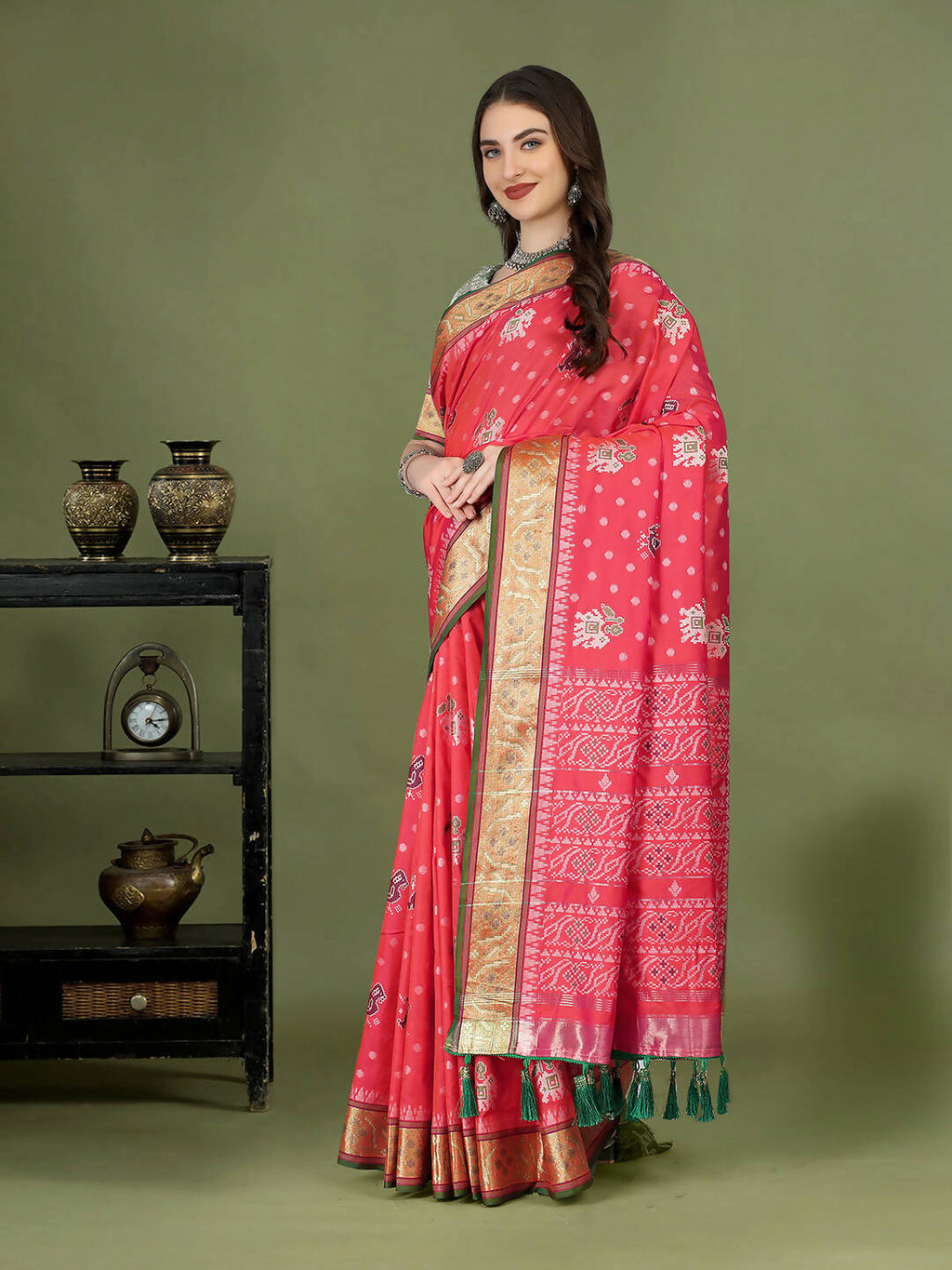 Lorenvalley Fashion Peach Patola Silk Woven Design Zari Meenakari Weaving Saree | Grocsy