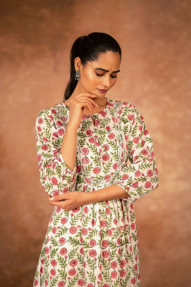 Joban Fashion Red Floral Hand Block Printed Cotton Kurta Pant Set | Grocsy