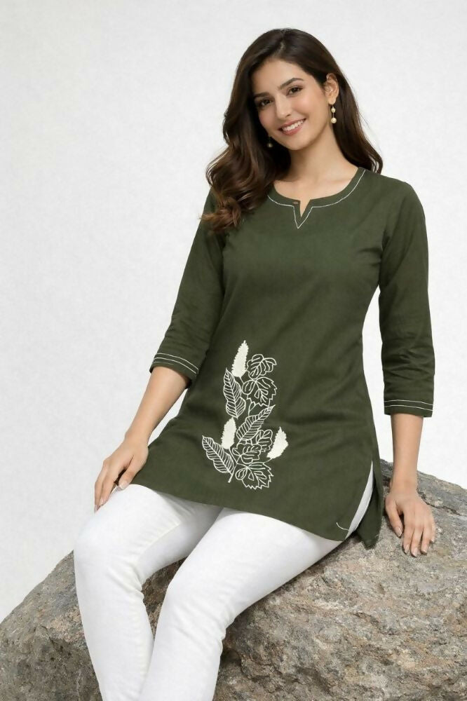 Teeya Creation Womens New Latest Cotton Mehendi Green Floral Embroidered Short Kurti | Grocsy