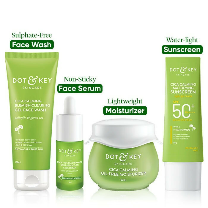 Dot & Key Cica + Niacinamide C + E CSMS (Cleanser, Serum, Moisturizer, Sunscreen) Routine for Oily & Acne Prone Skin | Grocsy