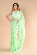 Very Much Indian Designer Pure Cotton Saree With All Over Linear Stripes - Fern Green | Grocsy