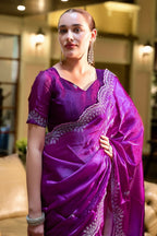 Vastranavya Purple Embroidery Work Shimmer Chiffon Saree with Unstitched Blouse | Grocsy