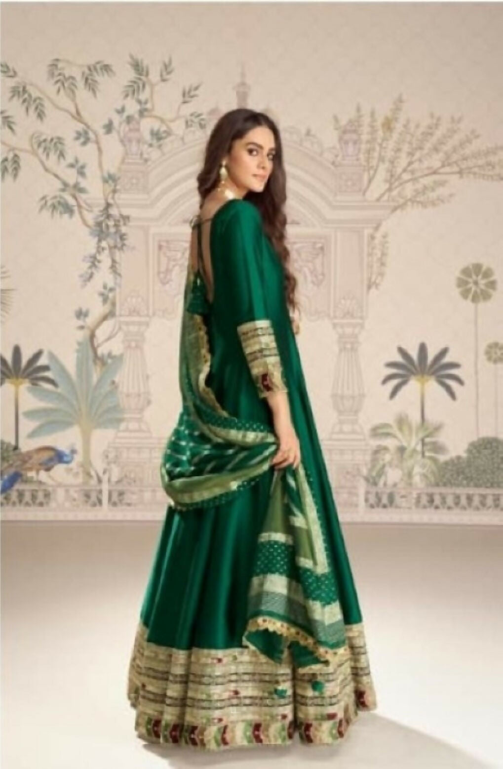 Anaita Dark Green Vichitra Silk Anarkali Suit with Embroidery Sequins | Grocsy