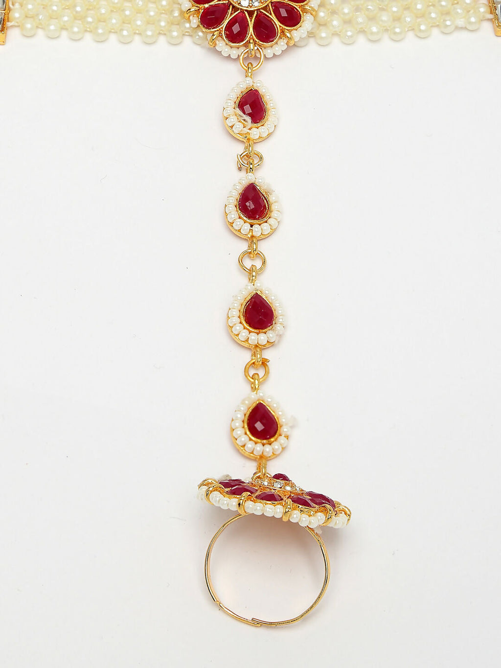 NVR Women's Red Gold-Polished Stone Studded Handcrafted Ring Bracelet | Grocsy