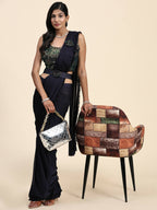 Navy Blue Imported Fabric Plain Ready to wear Saree with stitched Blouse - Vrinda | Grocsy