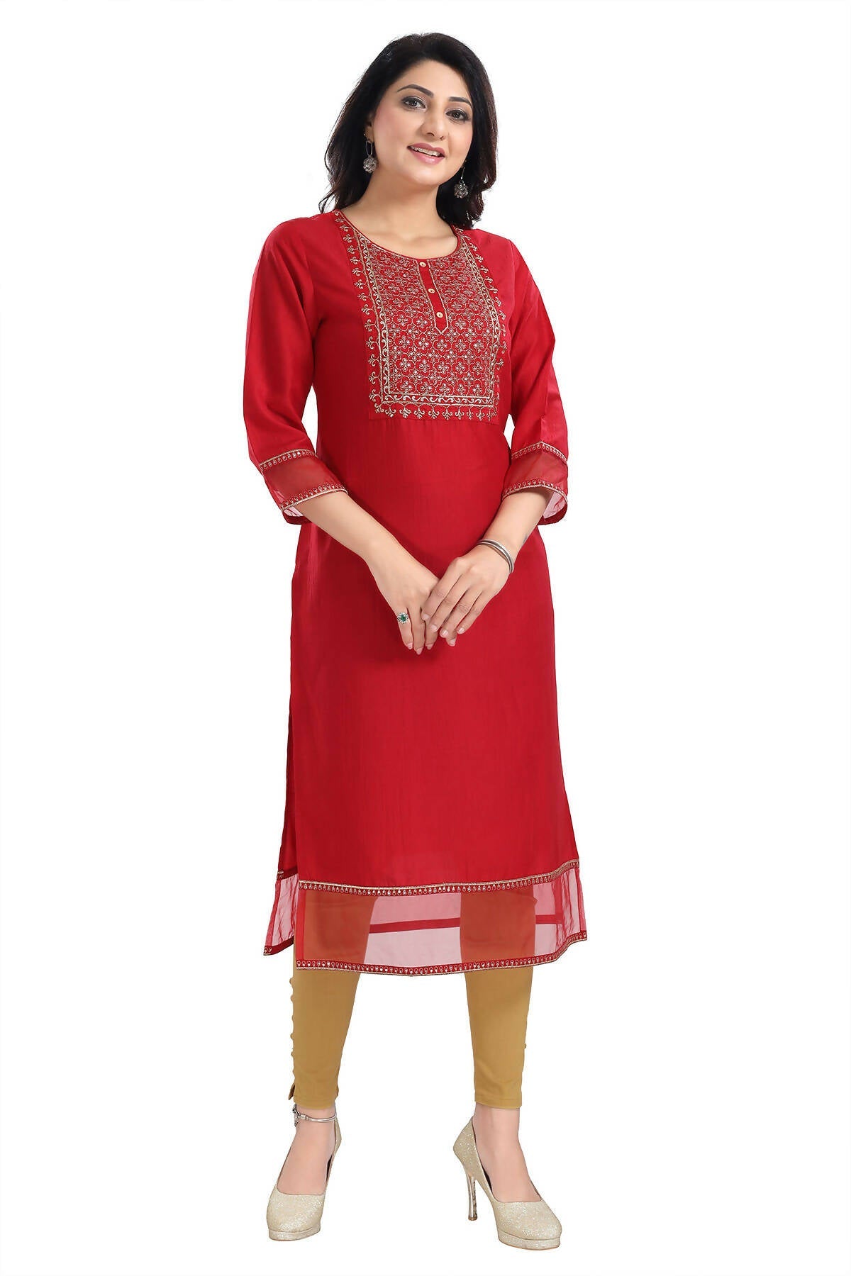 Snehal Creations Mighty Red Art Silk Designer Long Kurti Tunic With Zari Embroidery | Grocsy