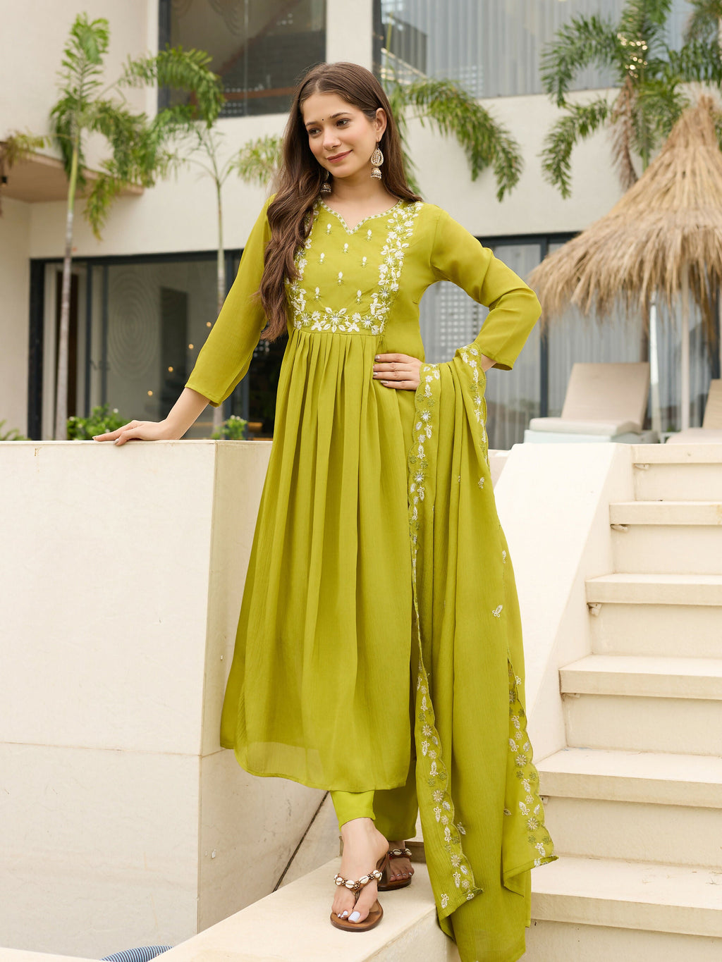 The52 Lemons Women's Gorgeous Chinon Embroidered Flared Kurta with Pant And Dupatta Set | Grocsy