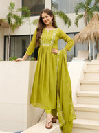 The52 Lemons Women's Gorgeous Chinon Embroidered Flared Kurta with Pant And Dupatta Set | Grocsy