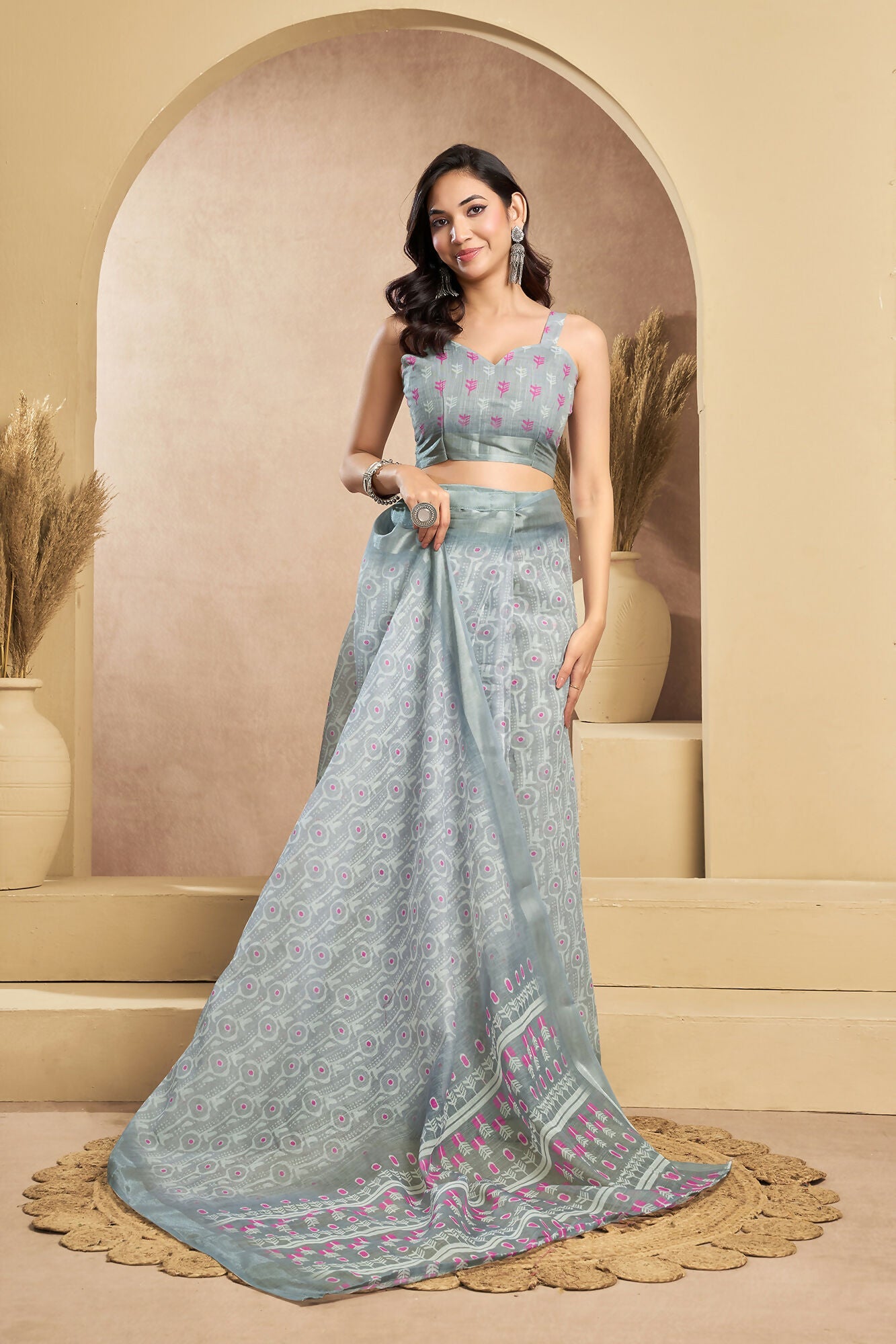 Vastranavya Grey Digital Printed Linen Ready To Wear Designer Saree with Unstitched Blouse | Grocsy