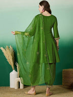 The52 Women's Beautiful Embroidery Work Vichitra Fabric A-line Kurta Pant and Dupatta Set-Green | Grocsy