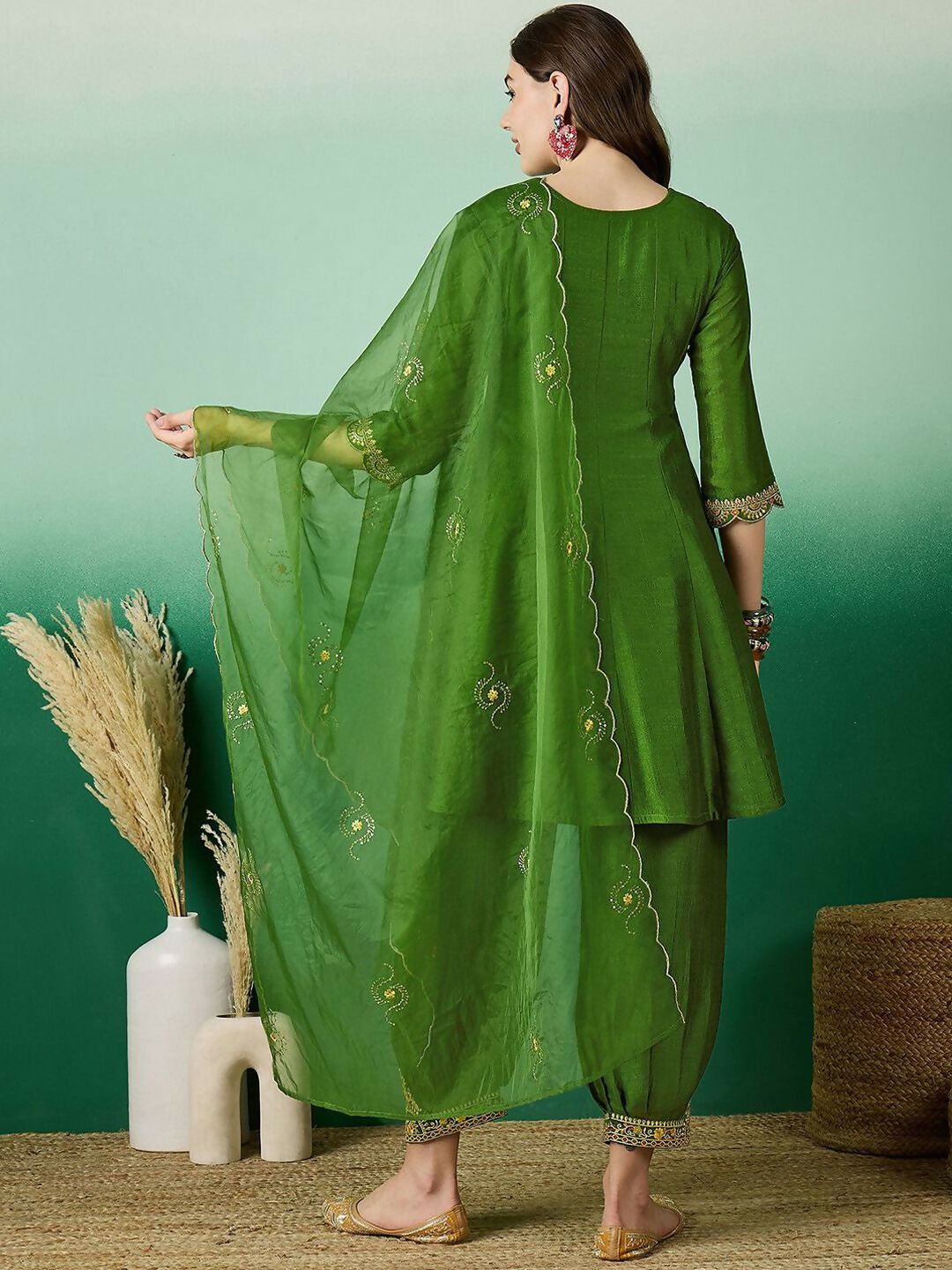 The52 Women's Beautiful Embroidery Work Vichitra Fabric A-line Kurta Pant and Dupatta Set-Green | Grocsy