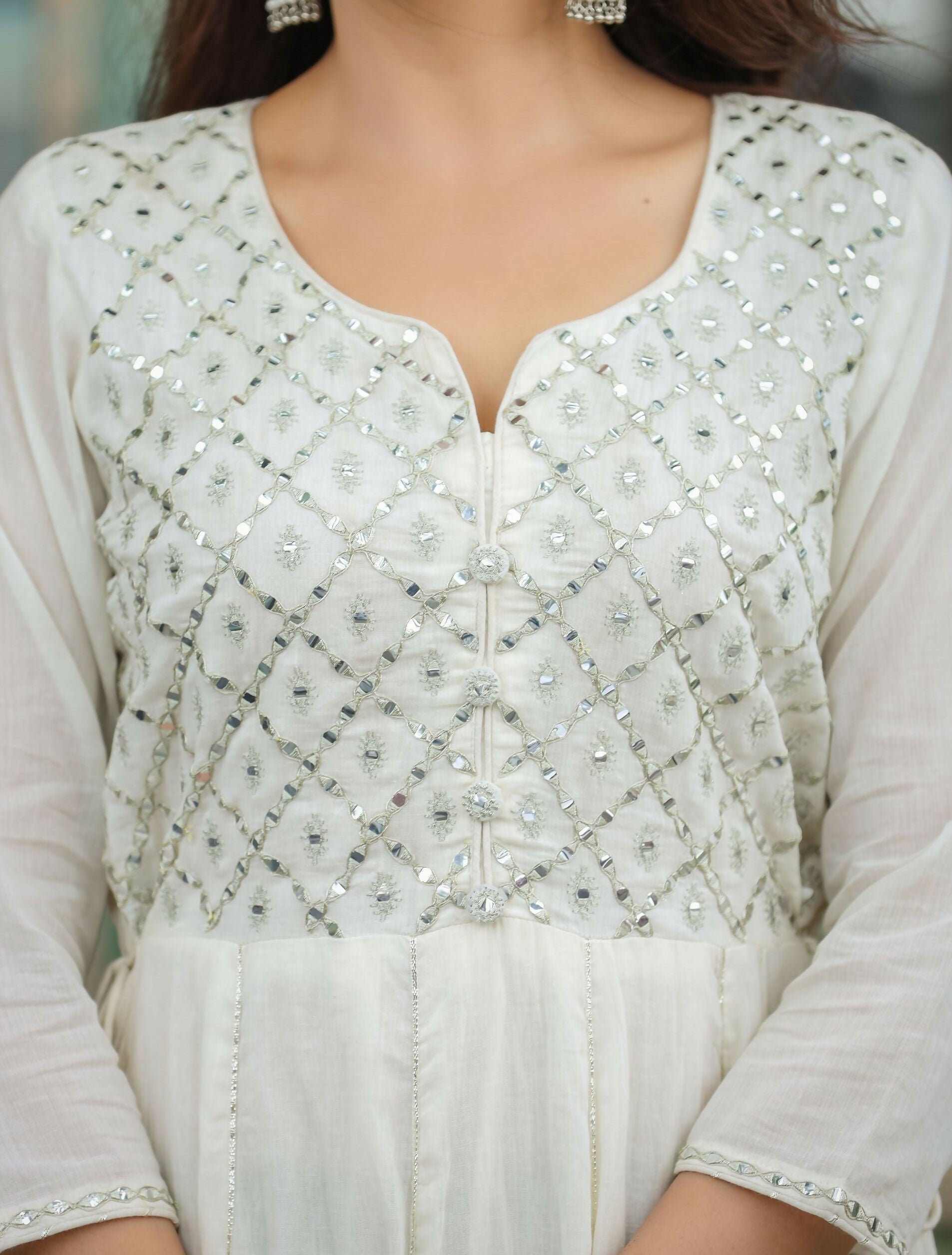 Kaajh Women's Off-White Floral Embroidered Cotton Ethnic Dress | Grocsy