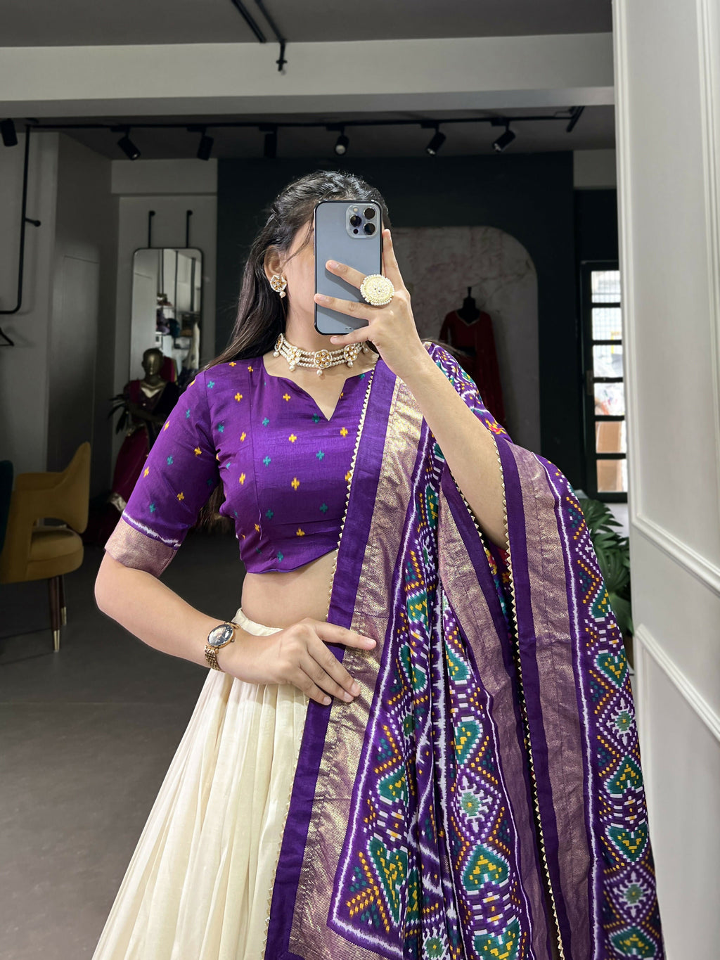 Lorenvalley Offwhite and Purple Tussar Silk Patola Print Lehenga Choli | Grocsy