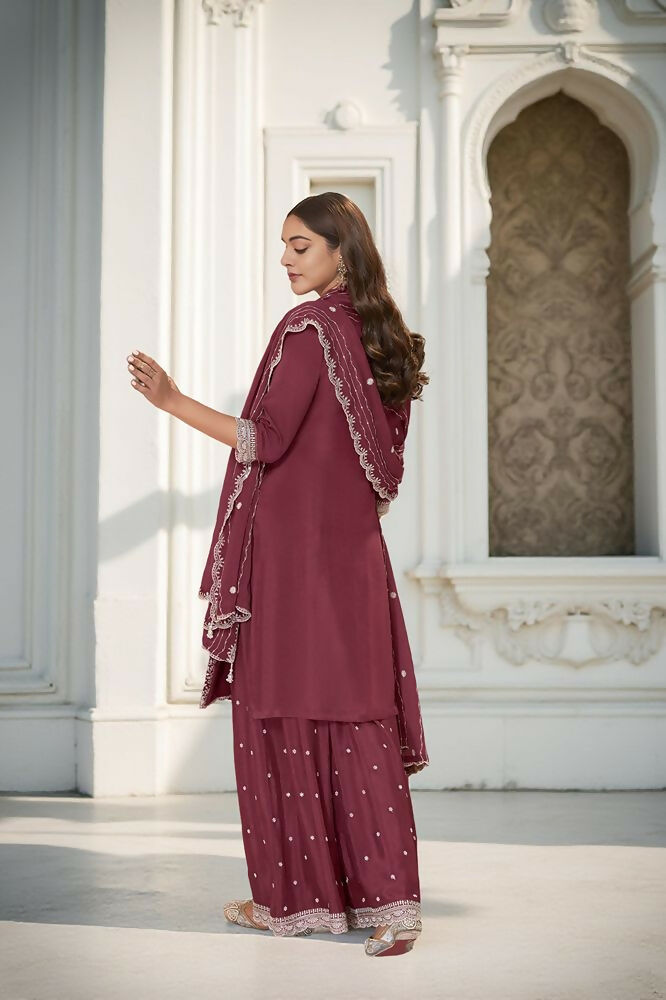 EthnicFestive Wear Premium Chinon Fabric Maroon Stitched Suit With Dupatta-Zeeya | Grocsy