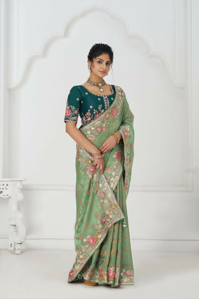 Kesar Fab Green Net Embroidered Lehenga | Grocsy