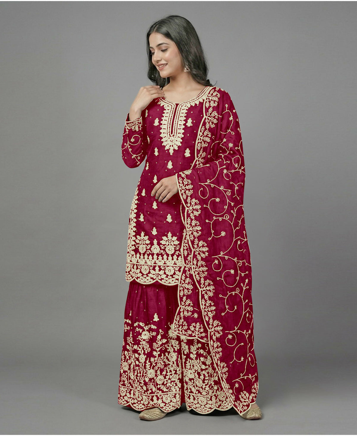 Teeya Creation Womens New Trendy Pure Gmy Silk With Heavy Embroidery Sequence Work Red Kurta Set | Grocsy