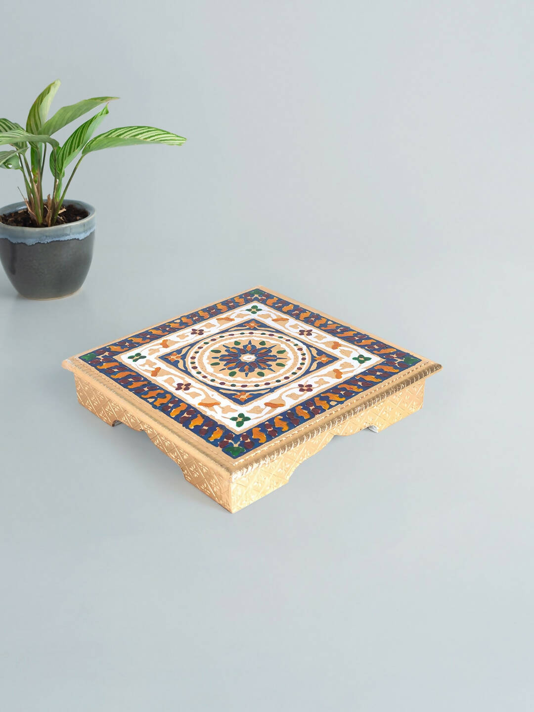 Golden Peacock Gold-Toned & Red Handcrafted Meenakari Wooden Chowki | Grocsy