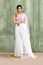 Piyari Fashion Women's White Embellished Cotton Blend Jamdani Saree | Grocsy