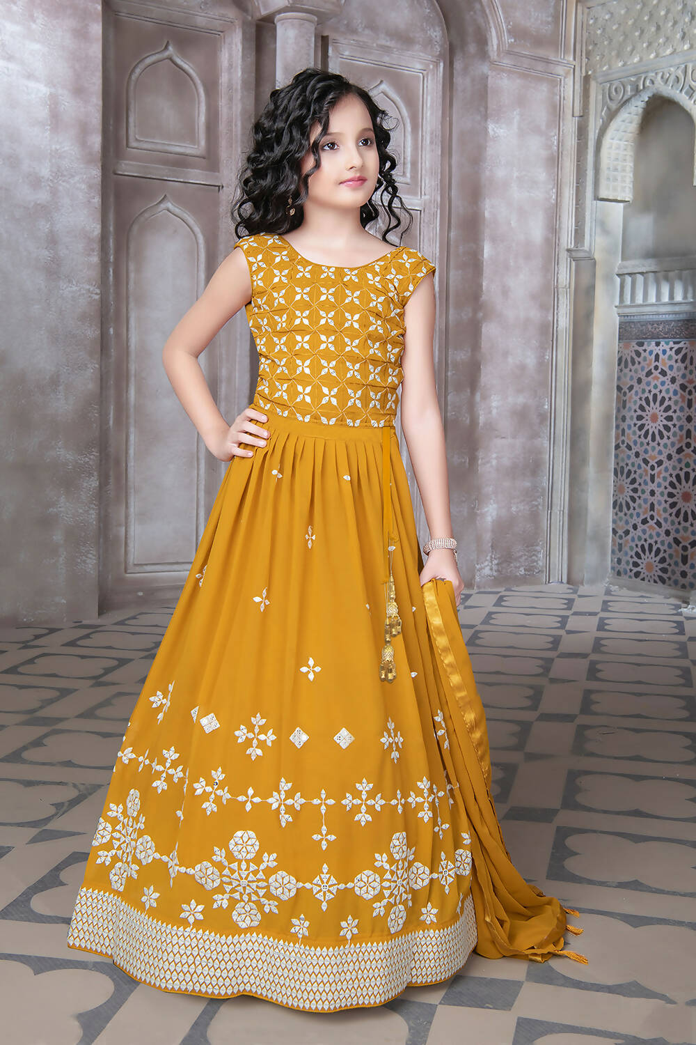 Kids Wedding Designer Yellow Georgette Lehenga Choli - Aaradhna | Grocsy