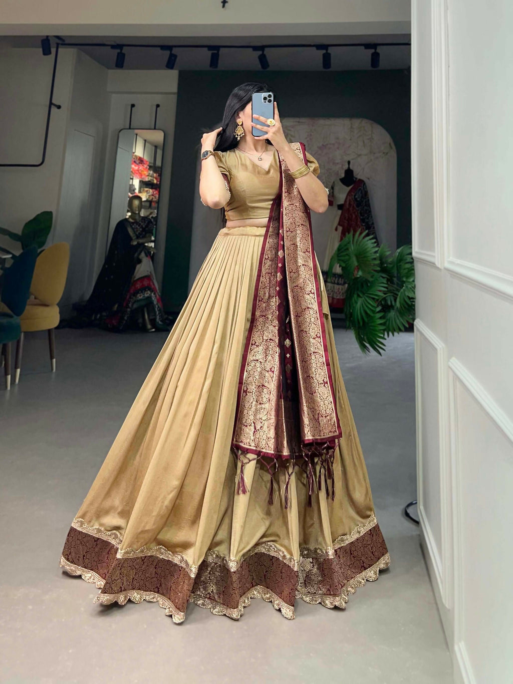 Vastranavya Traditional Jacquard Vichitra Silk Lehenga Choli - Chiku | Grocsy