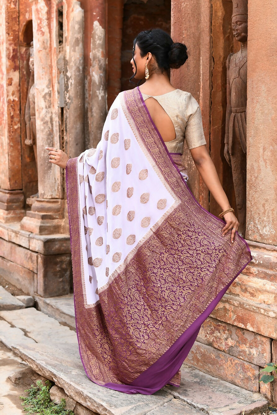 Joban Fashion Light Purple Crepe Chiffon Pure Handloom Banarasi Silk Saree | Grocsy