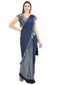 Mominos Fashion All Season Wear Gray And Blue Ruffled Ready To Wear Saree | Grocsy