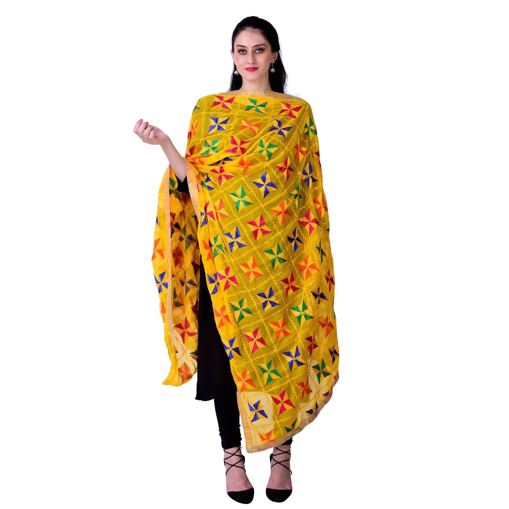 SWI Stylish Women's Embroidered Phulkari Chiffon Yellow Dupatta | Grocsy