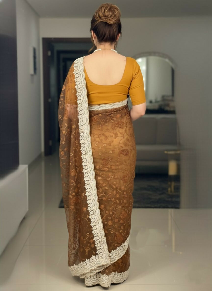 Teeya Creation New Latest Trendy Party Wear Two Tone Twill Net Saree-Gold | Grocsy