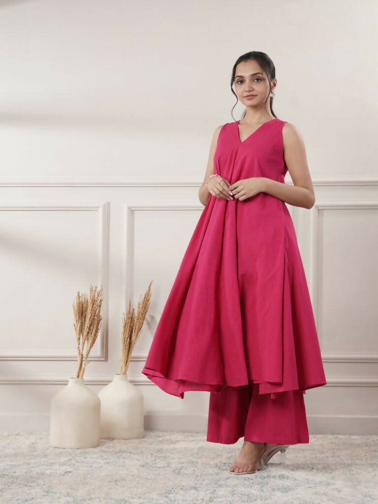 Joban Fashion Women's Fuchsia Cotton A-Line Midi Dress With Pants | Grocsy