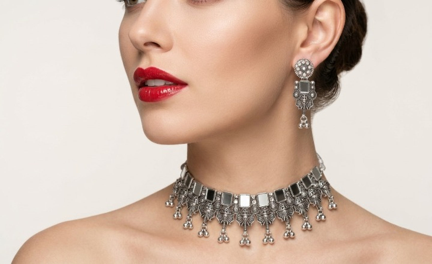 Jewel City Oxidized Silver Mirror Choker Set, Ethnic Jewelry | Grocsy
