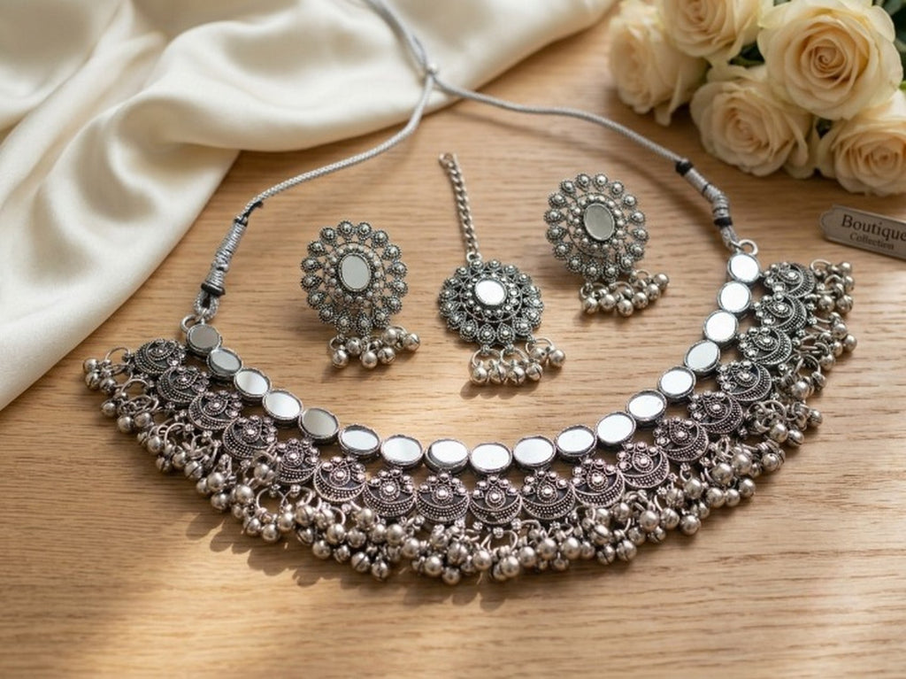 Jewel City Oxidized Silver Mirror Choker Set, Traditional Ethnic Indian Jewelry | Grocsy