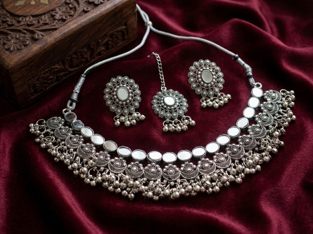 Jewel City Oxidized Silver Mirror Choker Set, Traditional Ethnic Indian Jewelry | Grocsy