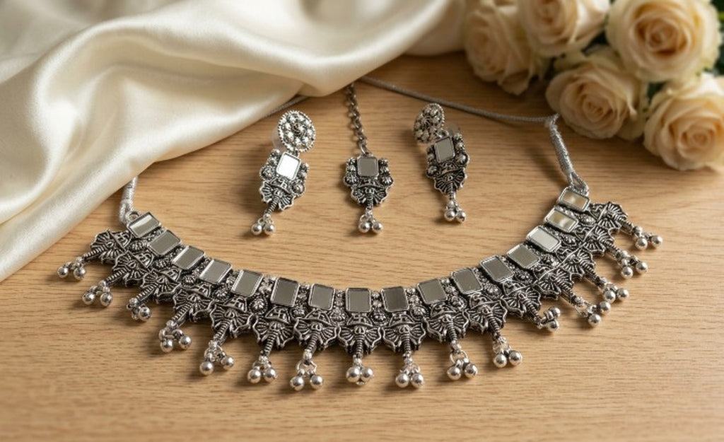 Jewel City Oxidized Silver Mirror Choker Set, Ethnic Jewelry | Grocsy