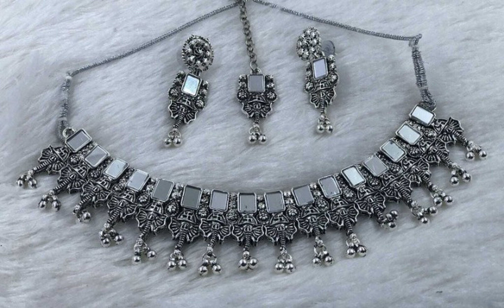 Jewel City Oxidized Silver Mirror Choker Set, Ethnic Jewelry | Grocsy