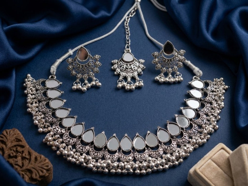 Jewel City Oxidized Silver Mirror Choker Set, Ethnic Indian Jewelry | Grocsy