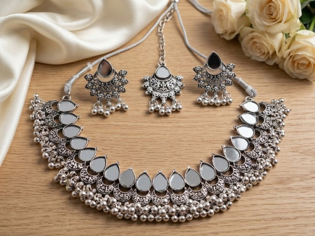 Jewel City Oxidized Silver Mirror Choker Set, Ethnic Indian Jewelry | Grocsy