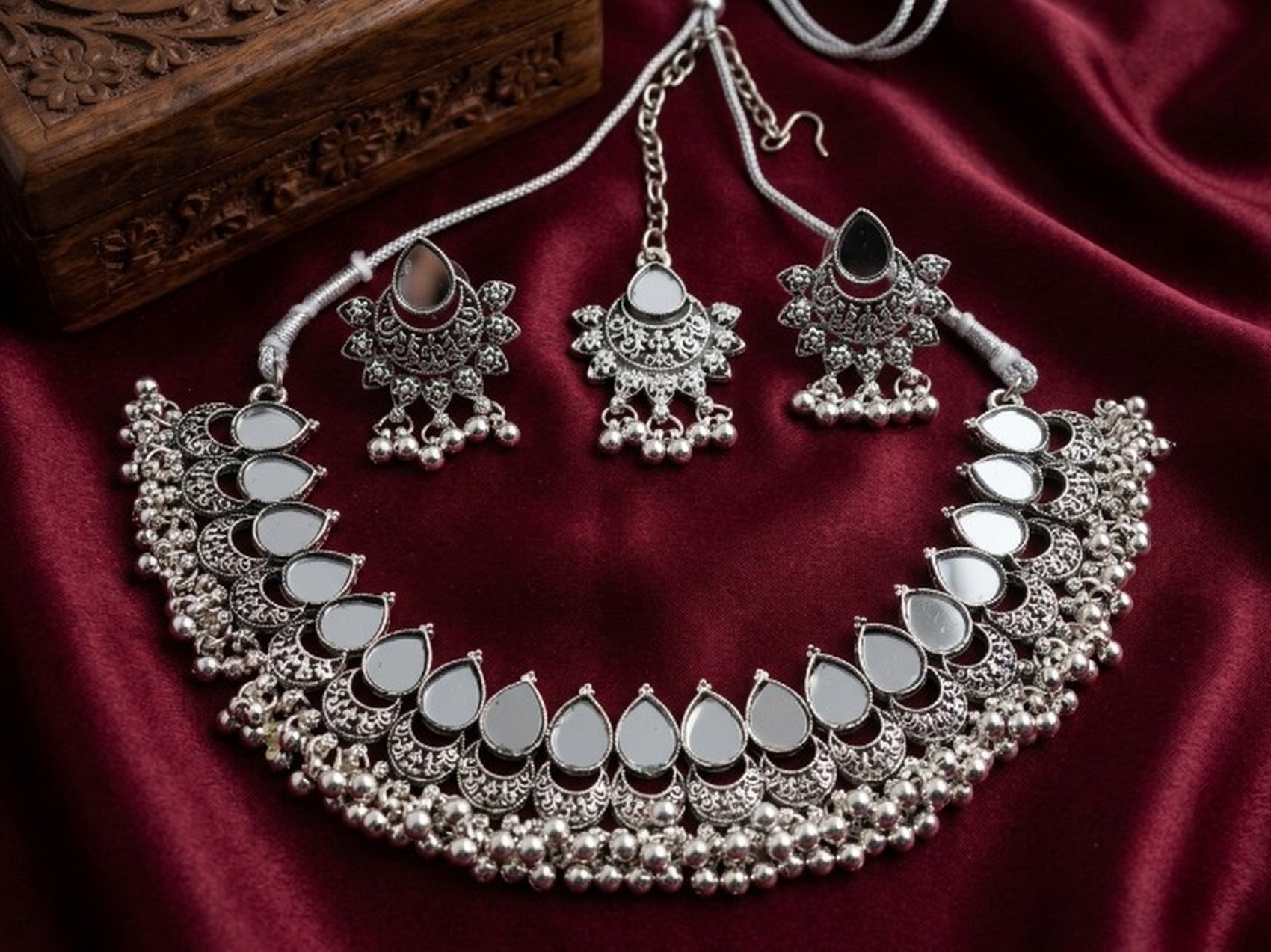 Jewel City Oxidized Silver Mirror Choker Set, Ethnic Indian Jewelry | Grocsy