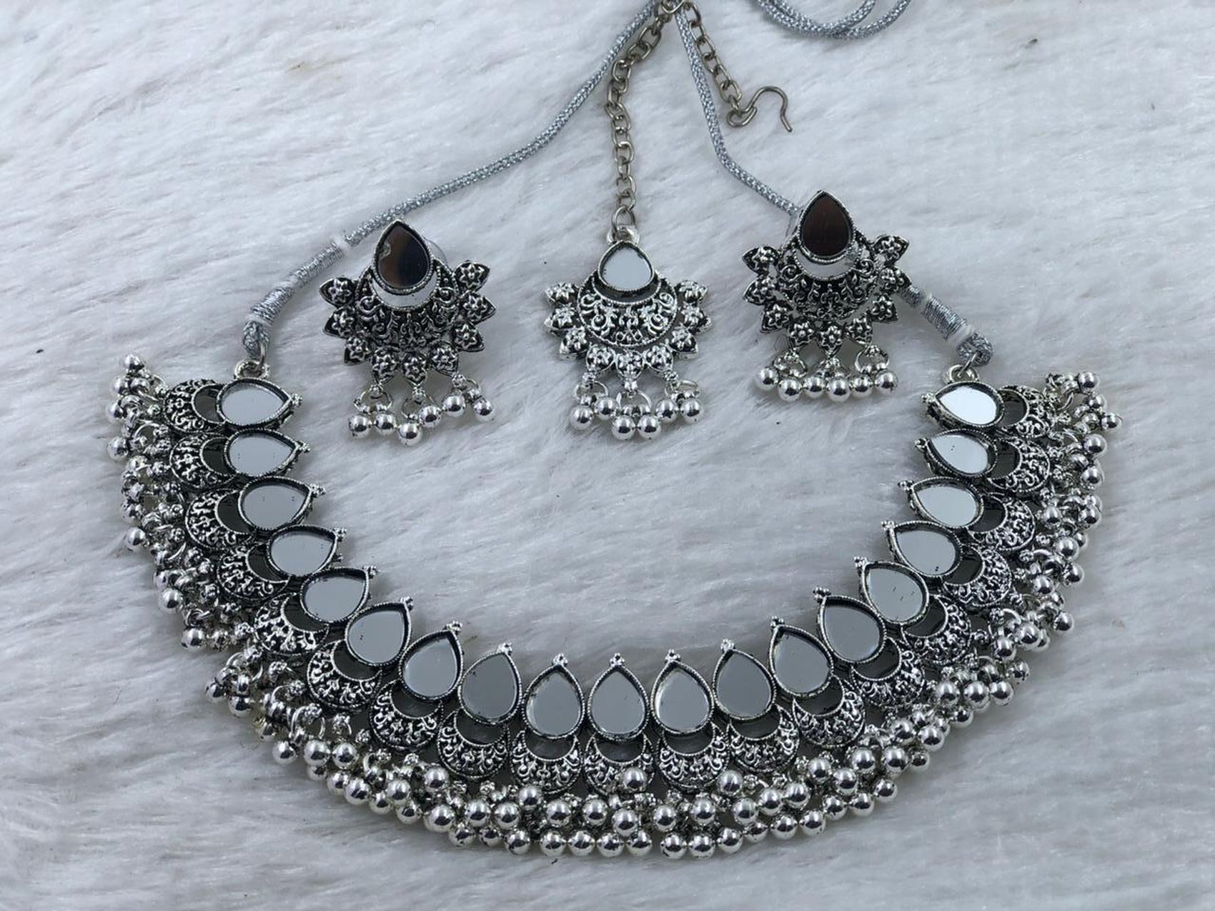 Jewel City Oxidized Silver Mirror Choker Set, Ethnic Indian Jewelry | Grocsy