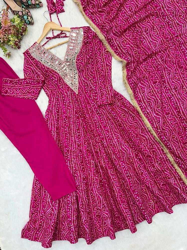 Teeya Creation New Trendy Traditional Pink Bandhani Anarkali Set with Embellished V-Neck | Grocsy