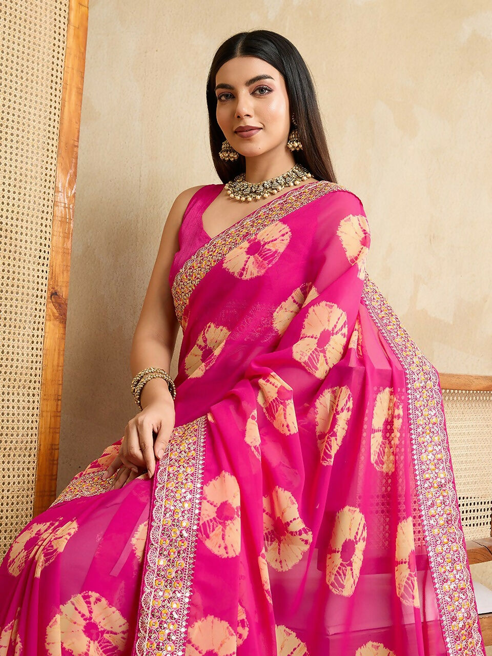 Ai Fashion Pink Georgette Bandhani Print Party Wear Saree | Grocsy