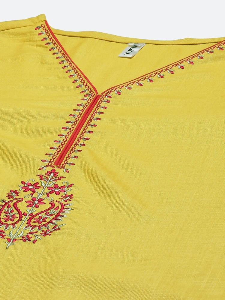 Yufta Women Mustard Yellow Layered Thread Work Kurta with Trouser and Dupatta | Grocsy