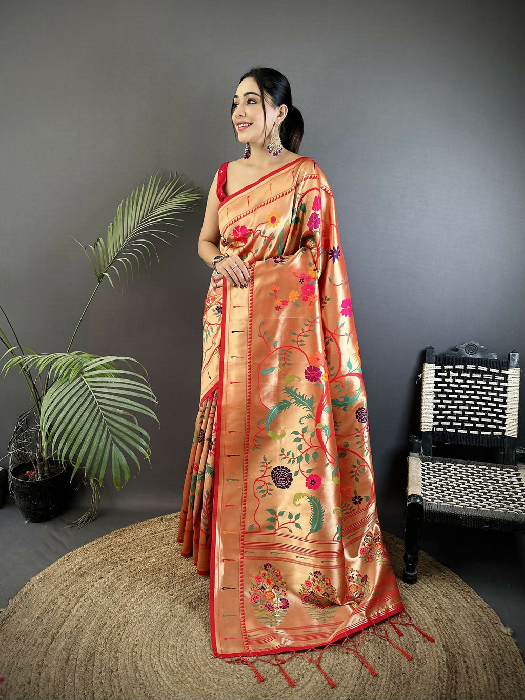 Joban Fashion Pastel Red Floral & Bird Motifs Soft Silk Paithani Saree | Grocsy