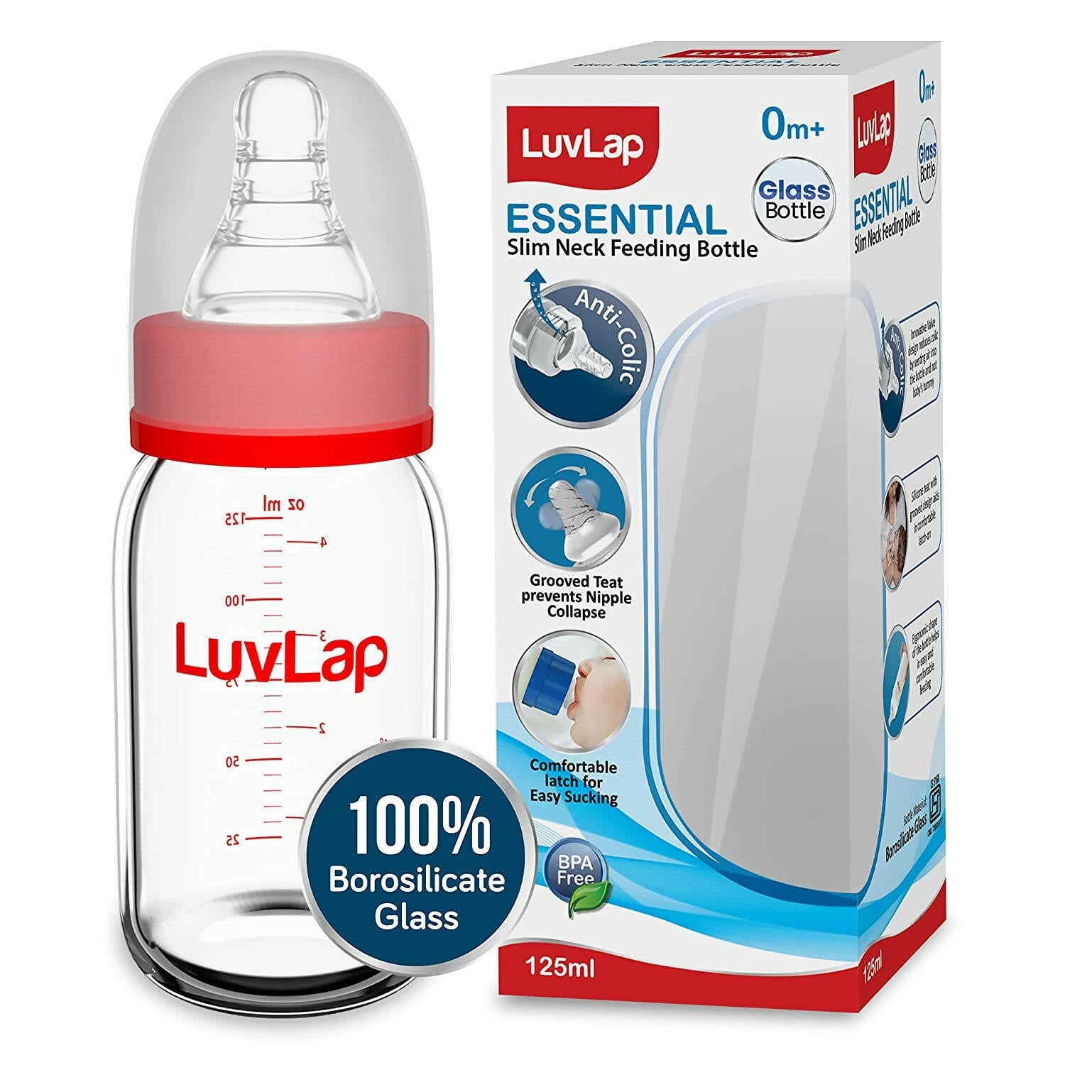 LuvLap Essential Slim Neck Glass Feeding Bottle | Grocsy