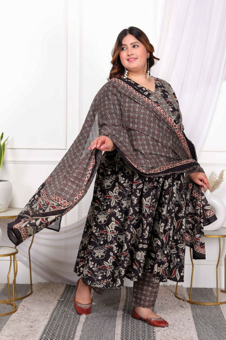 Miravan Women's Plus Size Embroidered Multi Anarkali Kurta with Palazzo and Dupatta Set | Grocsy