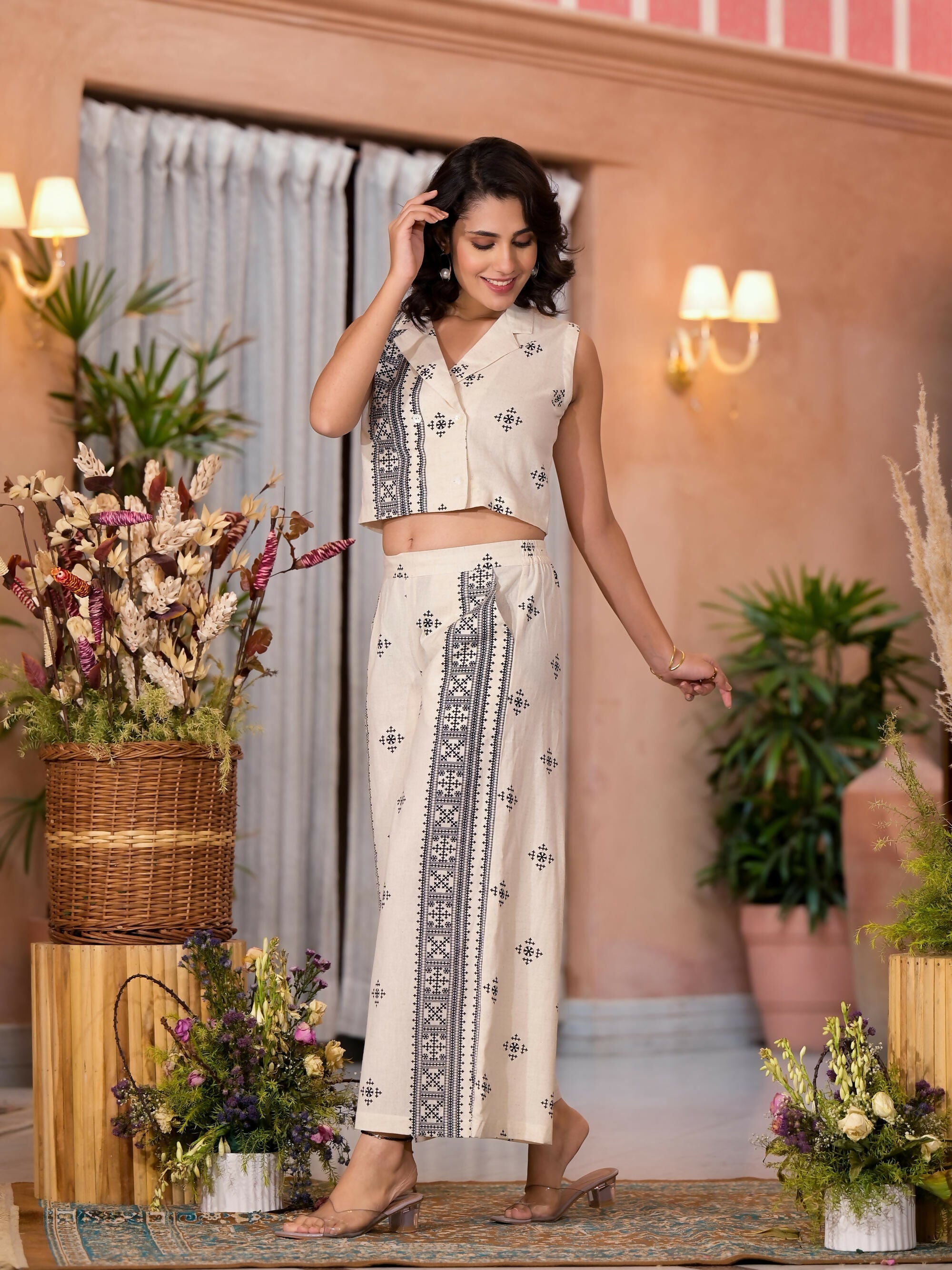 Juniper Women's Natural Ethnic Motif Printed Cotton Top & Palazzo Co-Ord Set With Button Closure | Grocsy